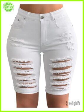 Women's Distressed Ripped Stretchy Denim Bermuda Shorts Mid Rise